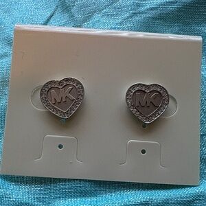 Michael Kors Silver Heart Logo Earrings white gems encrusted Valentines Day